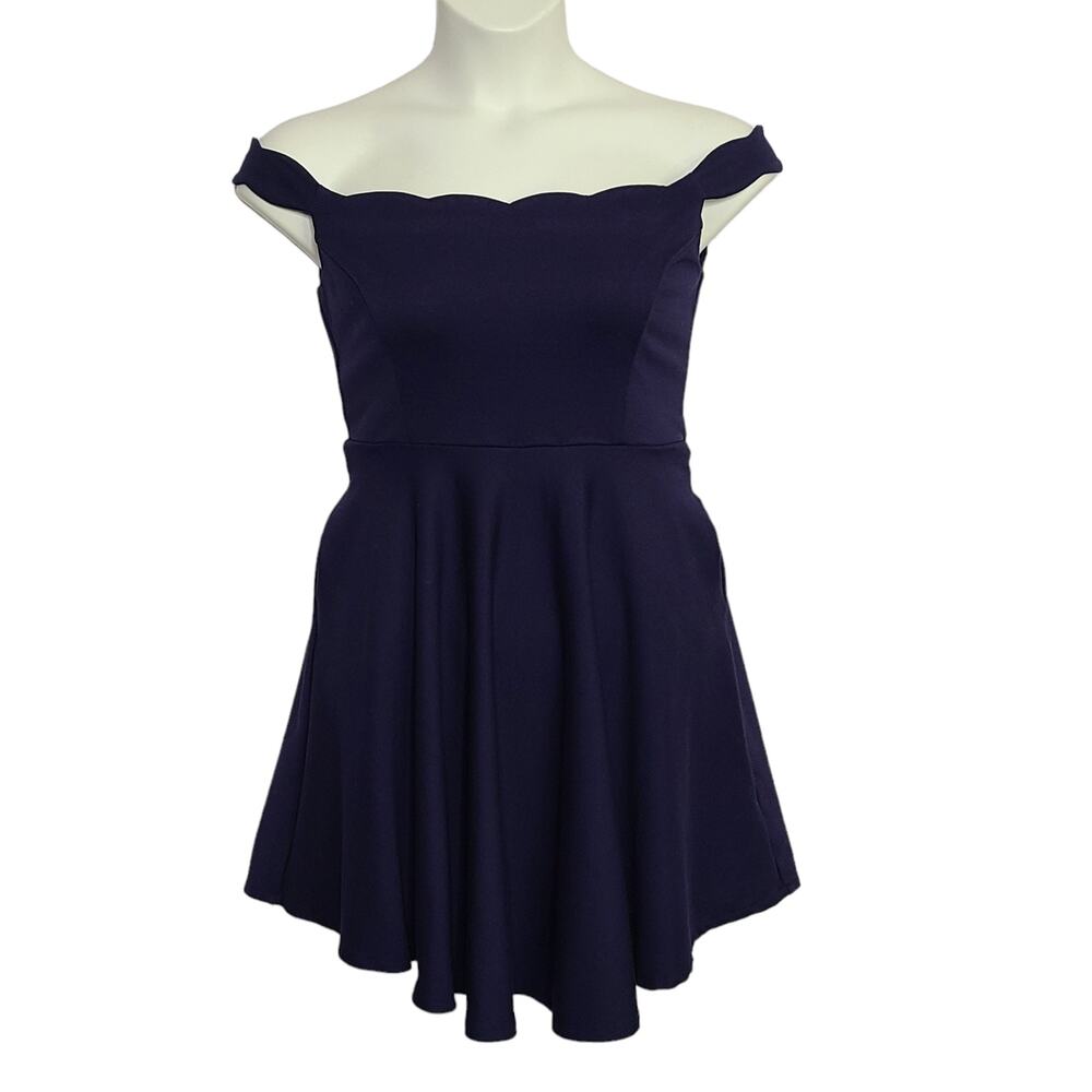Modcloth Dress Large Off Shoulder Scalloped Collar Blue Navy Pockets